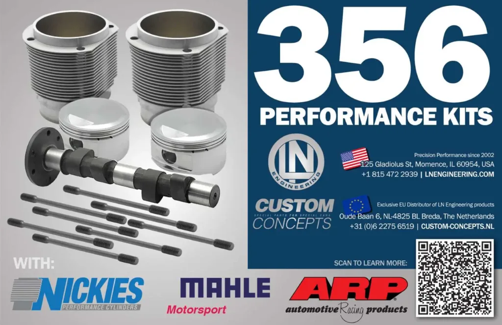 Infographic showcasing LN Engineering's Porsche 356 performance engine kits. The left side of the image displays components including Nickies performance cylinders, forged pistons, a performance camshaft, and ARP fasteners. The right side highlights the '356 Performance Kits' branding along with contact information for LN Engineering in Momence, Illinois, and its exclusive European distributor, Custom Concepts in the Netherlands. Logos for Nickies, Mahle Motorsport, and ARP are featured along the bottom. A QR code offers a link to more information.