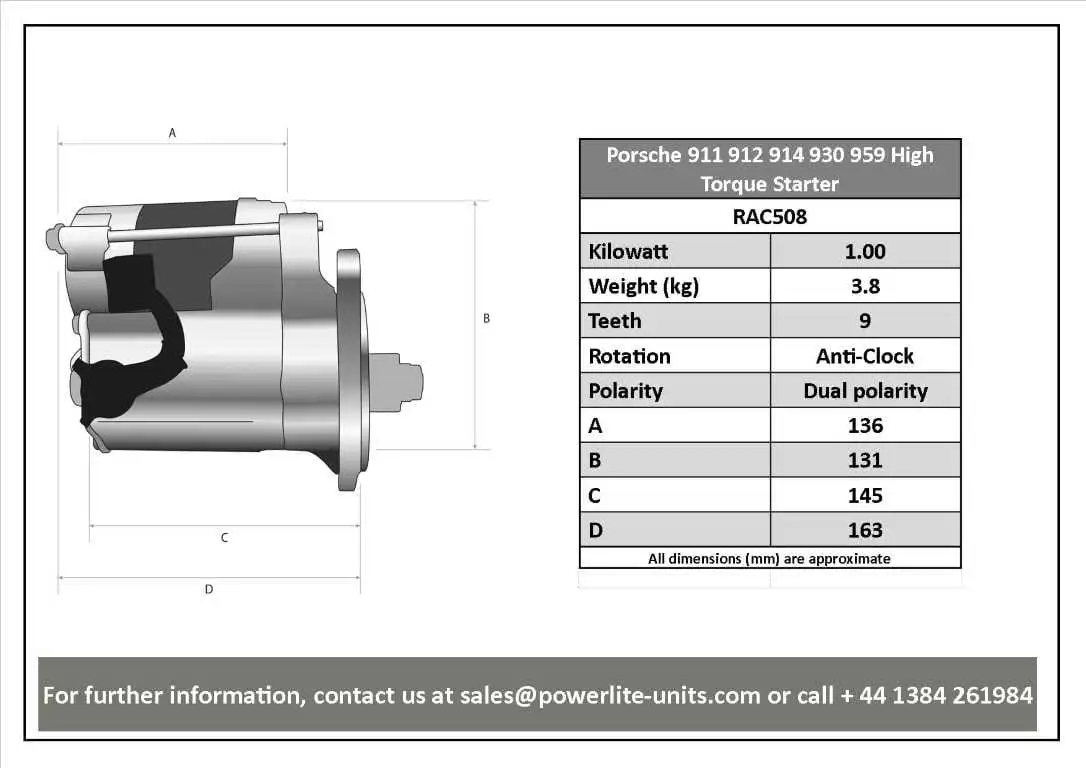 Powerlite RAC508 High Torque Porsche Starter Motor 911 912 914 930 959