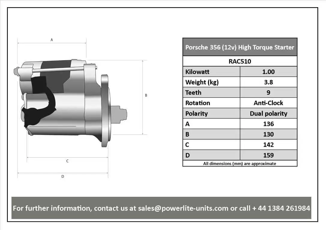 Powerlite RAC510 High Torque Gear Reduction Porsche 356 12v Starter Motor - Image 2