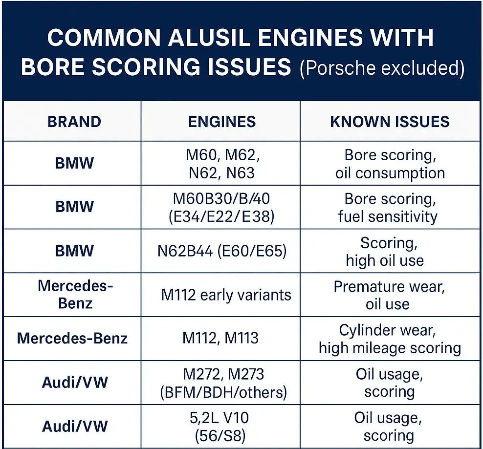 Vehicle brands and models that suffer from cylinder bore scoring