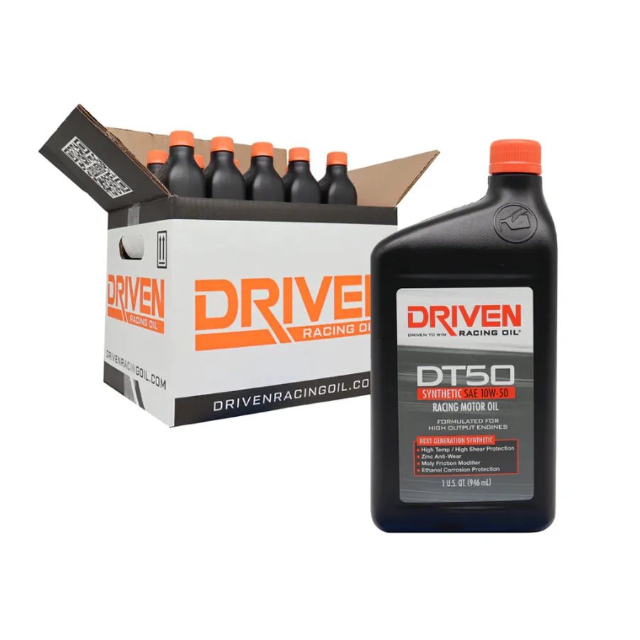 Case and single bottle of Driven Racing Oil DT50 Synthetic SAE 10W-50 Racing Motor Oil