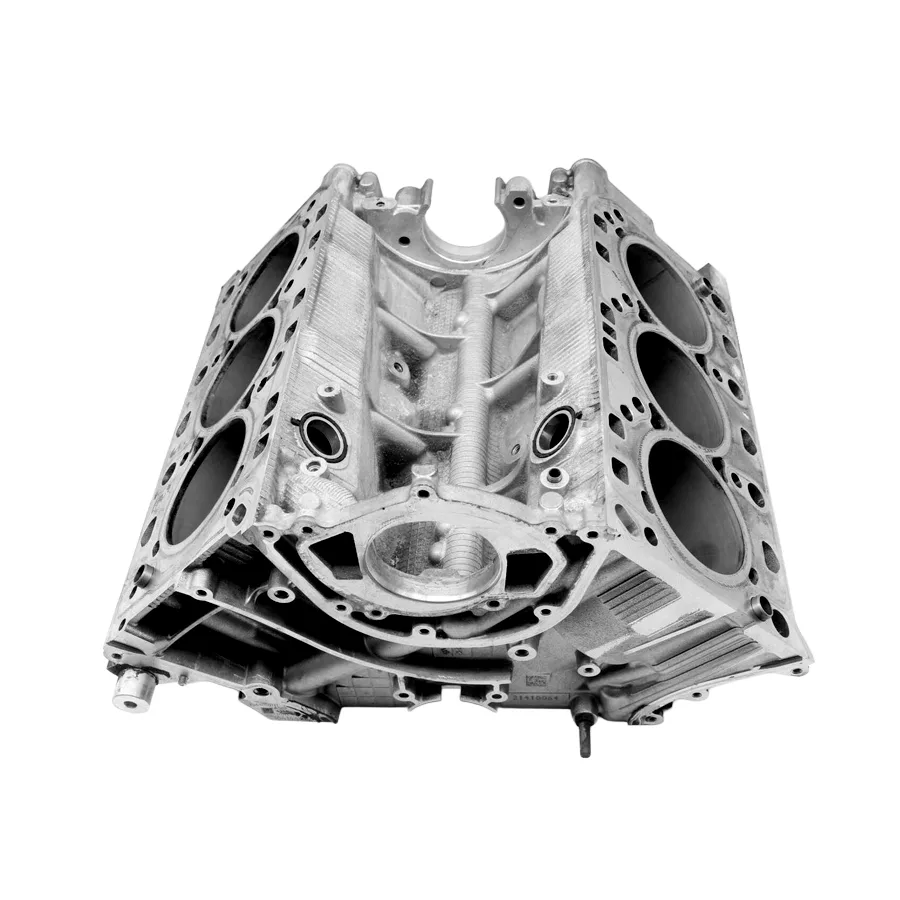Cast metal V6 Porsche Macan engine block showing cylinder bores