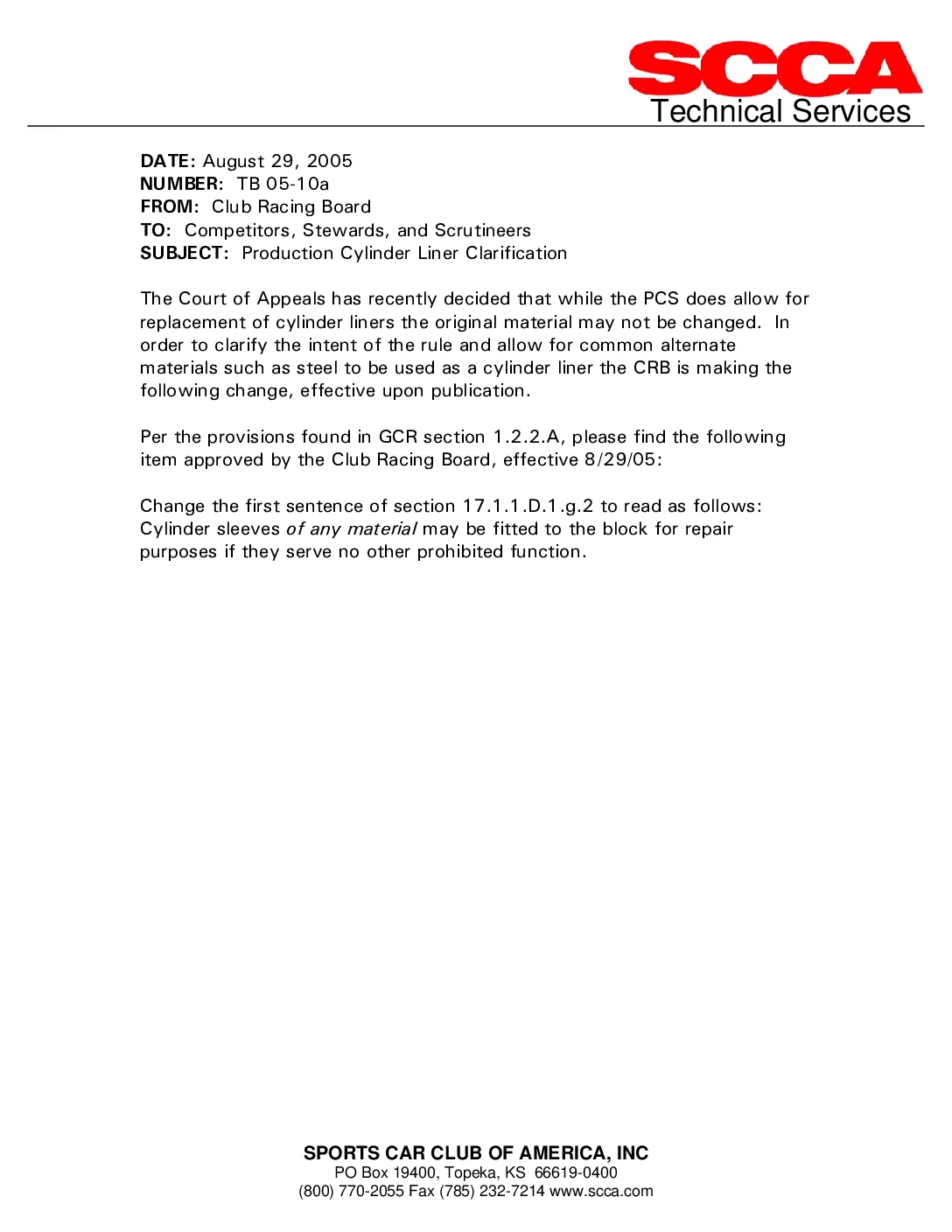 SCCA Technical Services TB 05-10a Production Cylinder Liner Clarification (LIB-0034)