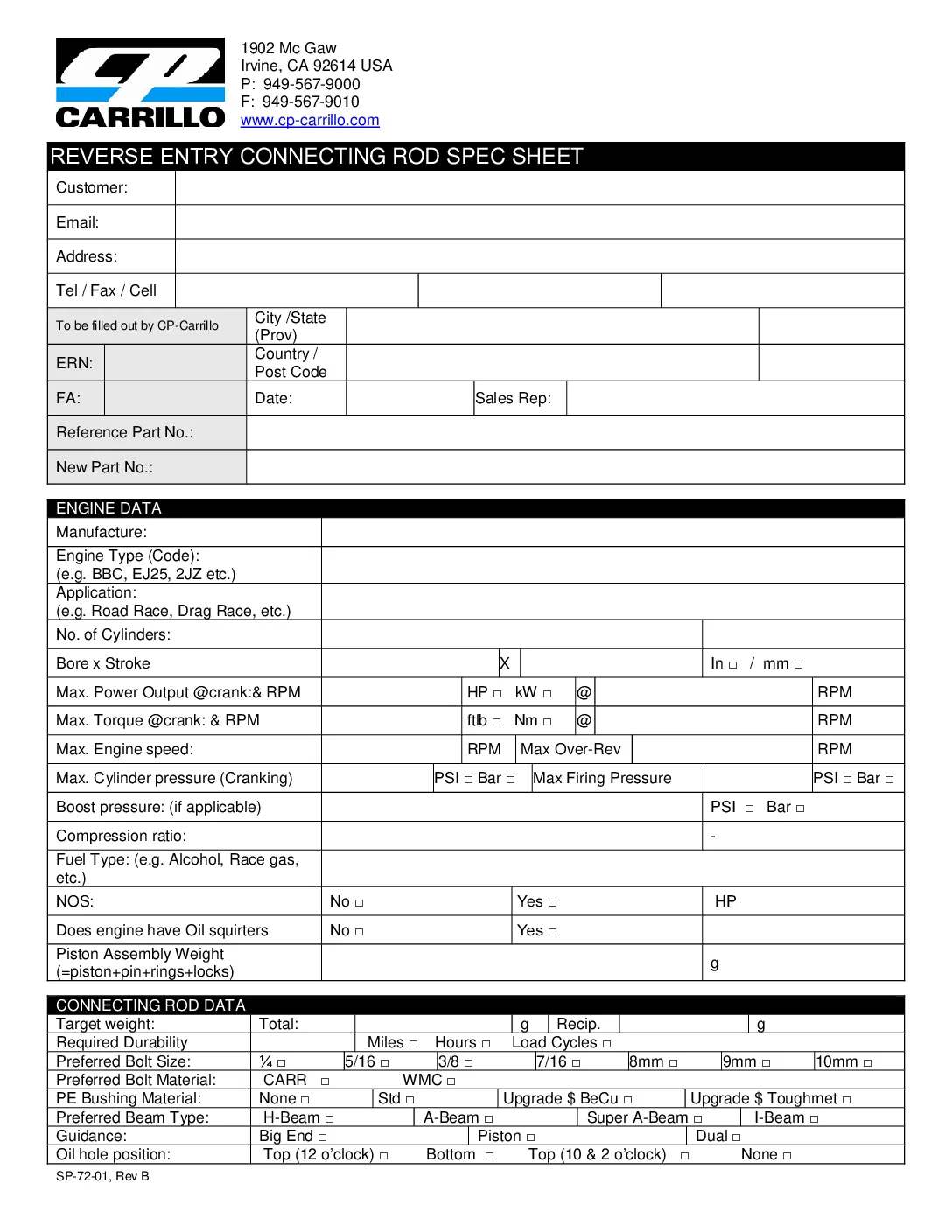 CP-Carrillo Custom Porsche Connecting Rod Order Form (LIB-0041)