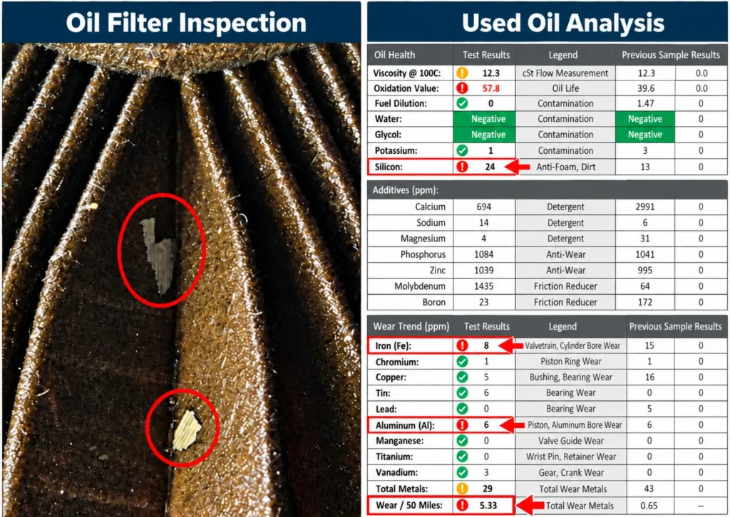 Side-by-side image showing oil filter debris and used oil analysis from a Porsche engine with bore scoring. Left: oil filter media with circled coating fragments trapped in the pleats. Right: oil analysis report highlighting elevated silicon, iron, and aluminum levels.