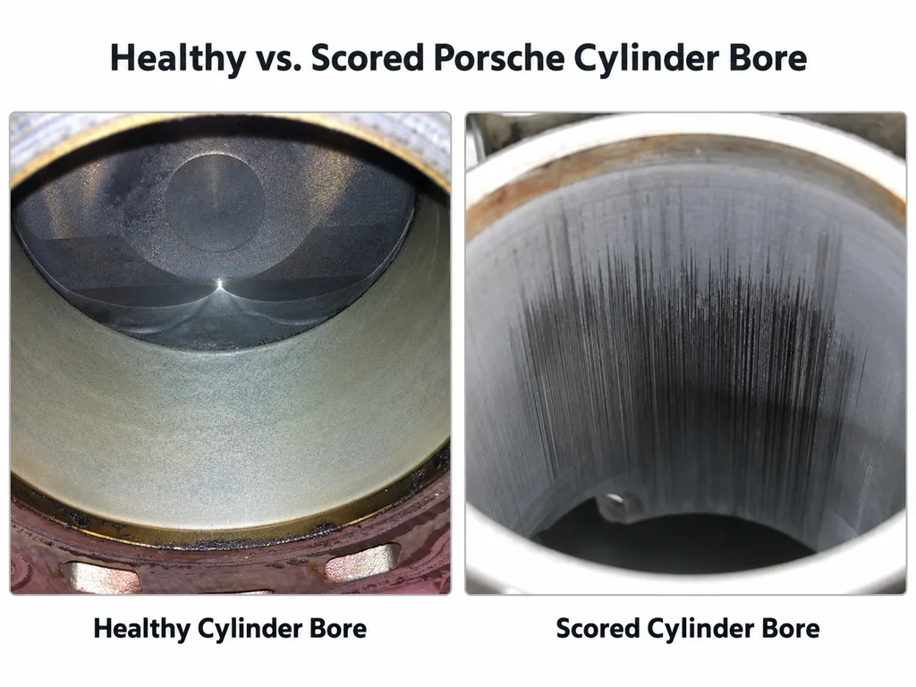 Healthy Porsche cylinder bore compared with a scored cylinder bore