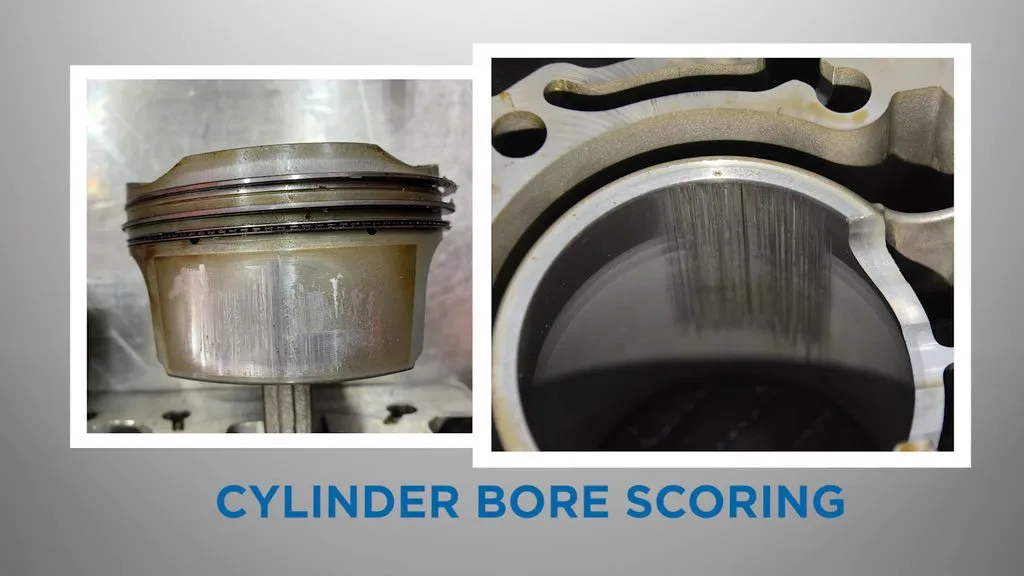 An example of Porsche cylinder bore scoring showing the damage to the cylinder bore and matching piston scuffing