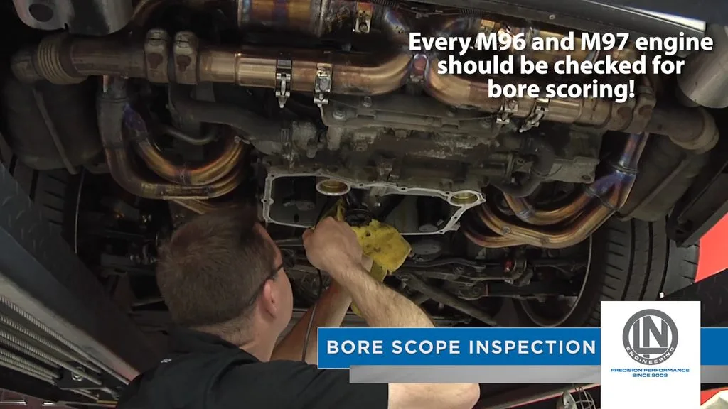 Every M96 and M97 engine should be checked for bore scoring with a scope inspection through the sump while the piston is at TDC, as bore scoring starts at the bottom of the bore and progresses upwards towards the top of the cylinder.